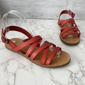 Madewell Flat Sandals Sz 7.5‎ Coral Red Leather Strappy Made in Brazil Summer